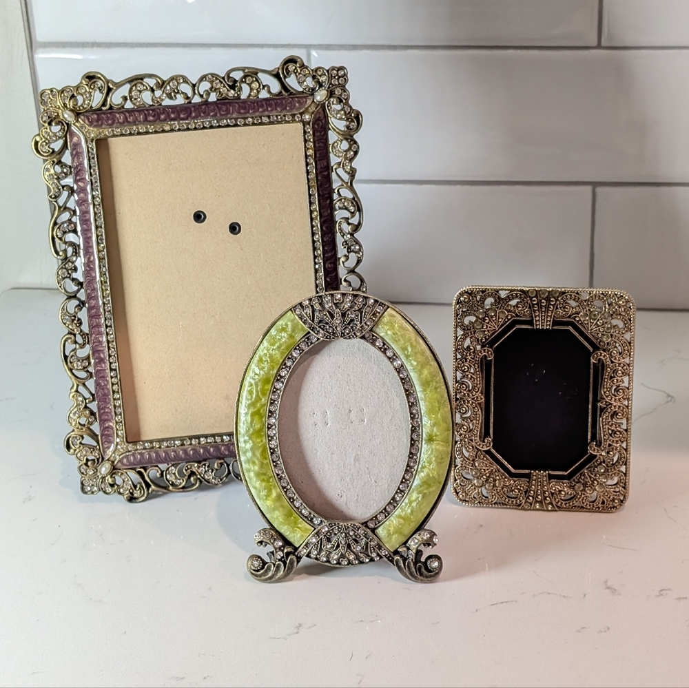 Vintage Style Green, Rhinestone, Gold Tone Picture Frame Bundle